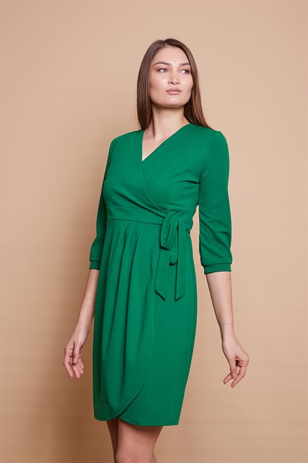 Yandan Bağlaması Ayarlanabilir Scuba Krep Likralı Kumaş Kapri Kol Şık Ofis Elbise -B.Yeşil 