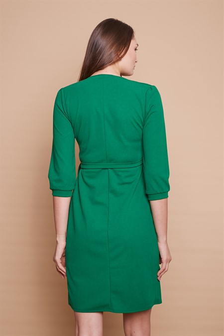 Yandan Bağlaması Ayarlanabilir Scuba Krep Likralı Kumaş Kapri Kol Şık Ofis Elbise -B.Yeşil 