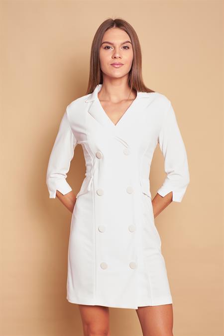 Yakalı Sırt Dekolteli Anvelop Likralı Kumaş Düğmeli Ceket Elbise-Krem