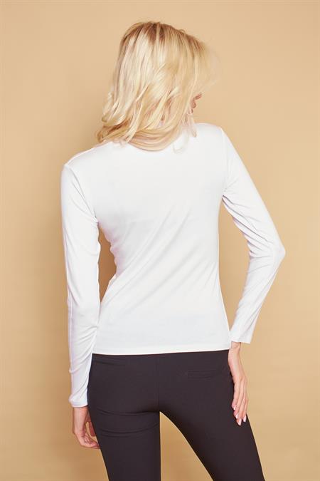 Sıfır Yaka Uzun Kol Likralı Şık Kumaş Bluz Body-Beyaz