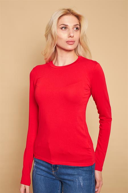 Sıfır Yaka Uzun Kol Likralı Şık Kumaş Bluz Body-Kırmızı