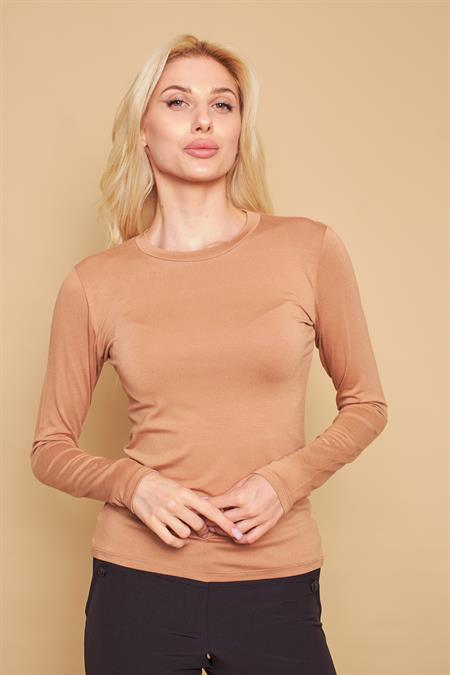 Sıfır Yaka Uzun Kol Likralı Şık Kumaş Bluz Body-Koyu Bej