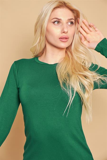Sıfır Yaka Uzun Kol Likralı Şık Kumaş Bluz Body-Yeşil