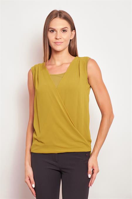 Şifon Detaylı Anvelop Kolsuz Şık Likralı Parlak Kumaş Bluz-Yağ Yeşili