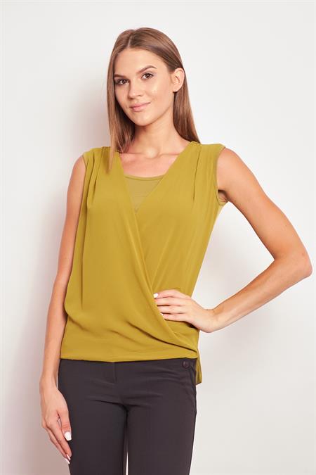 Şifon Detaylı Anvelop Kolsuz Şık Likralı Parlak Kumaş Bluz-Yağ Yeşili