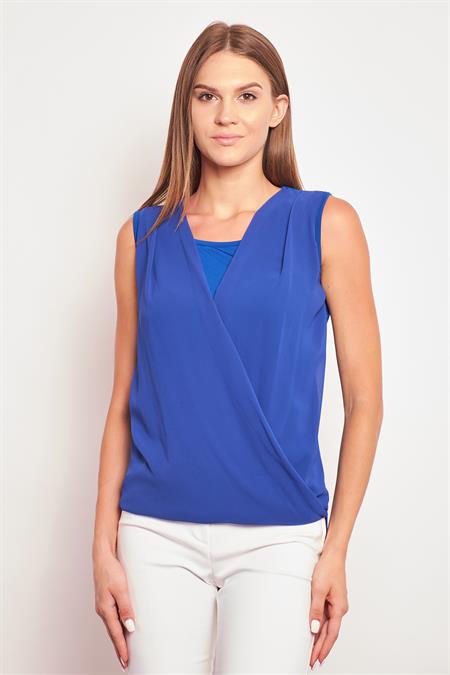 Şifon Detaylı Anvelop Kolsuz Şık Likralı Parlak Kumaş Bluz-Sax