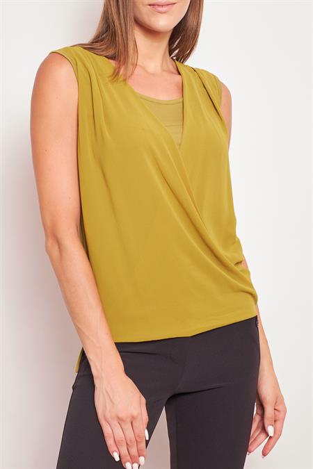 Şifon Detaylı Anvelop Kolsuz Şık Likralı Parlak Kumaş Bluz-Yağ Yeşili