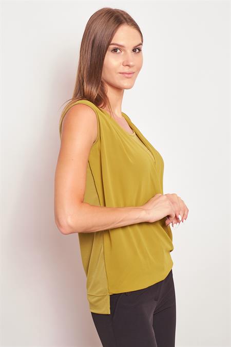 Şifon Detaylı Anvelop Kolsuz Şık Likralı Parlak Kumaş Bluz-Yağ Yeşili