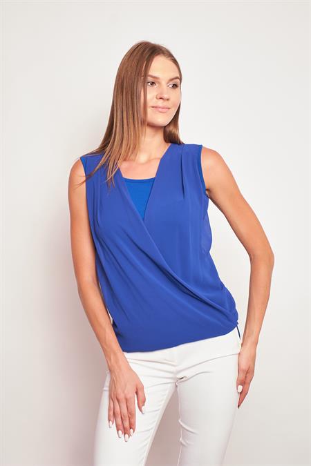 Şifon Detaylı Anvelop Kolsuz Şık Likralı Parlak Kumaş Bluz-Sax