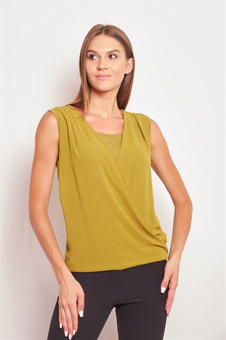 Şifon Detaylı Anvelop Kolsuz Şık Likralı Parlak Kumaş Bluz-Yağ Yeşili