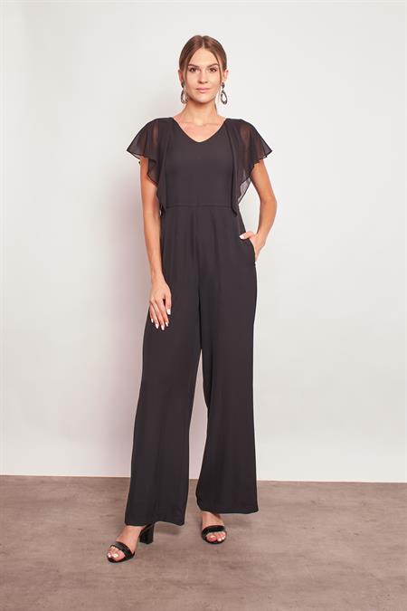 Şifon Detaylı Ön Arka V Yaka Kolsuz Bol Paça Tulum -Siyah