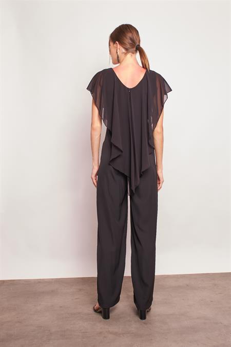 Şifon Detaylı Ön Arka V Yaka Kolsuz Bol Paça Tulum -Siyah