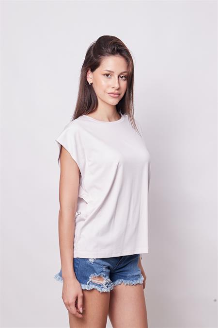 Şık Likralı Span Kumaş Kolsuz Geniş Sıfır Yaka Düşük Omuzlu Basic Tshirt Bluz-Şampaya