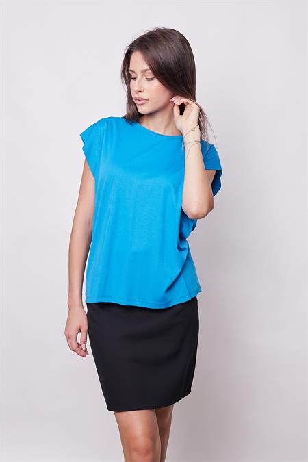 Şık Likralı Span Kumaş Kolsuz Geniş Sıfır Yaka Düşük Omuzlu Basic Tshirt Bluz-Mavi