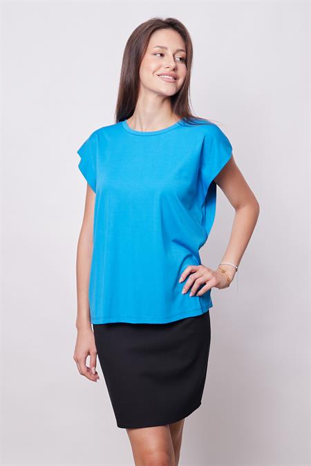 Şık Likralı Span Kumaş Kolsuz Geniş Sıfır Yaka Düşük Omuzlu Basic Tshirt Bluz-Mavi