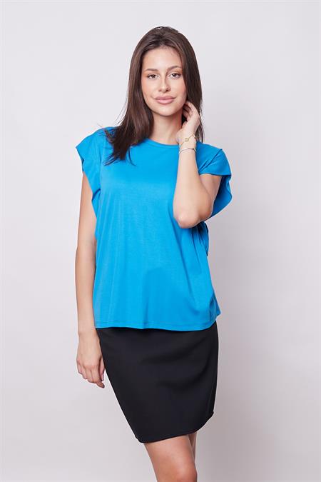 Şık Likralı Span Kumaş Kolsuz Geniş Sıfır Yaka Düşük Omuzlu Basic Tshirt Bluz-Mavi