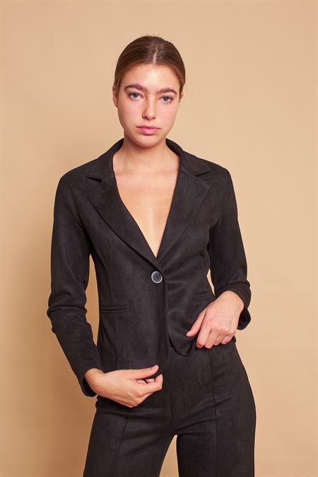 Hafif Likralı Süet Kumaş Flato Cepli Uzun Kol Kısa Blazer Ceket-Siyah
