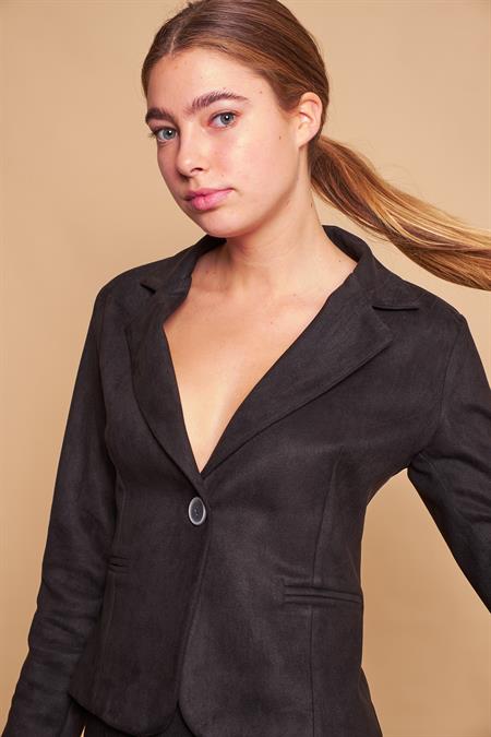 Hafif Likralı Süet Kumaş Flato Cepli Uzun Kol Kısa Blazer Ceket-Siyah