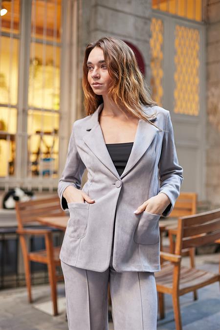 Süet Hafif Likralı Kumaş Cep Detaylı Düğmeli Şık Blazer Ceket-Açık Gri