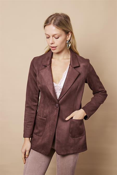 Kadın Hafif Likralı Süet Kumaş Cep Detaylı Düğmeli Şık Blazer Hafif Uzun Ceket-Kahve