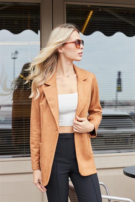 Süet Kumaş Cep Detaylı Düğmeli Şık Blazer Ceket-Camel