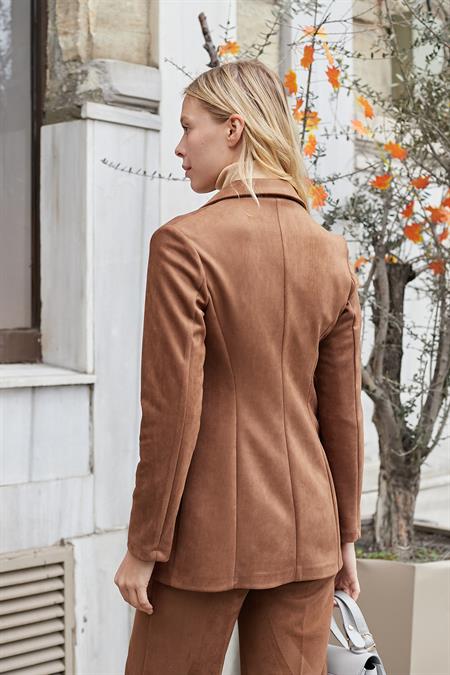 Süet Kumaş Cep Detaylı Düğmeli Şık Blazer Ceket-Taba