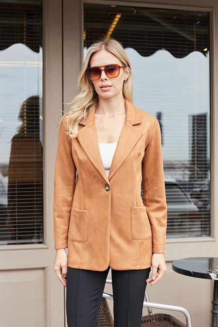 Süet Kumaş Cep Detaylı Düğmeli Şık Blazer Ceket-Camel