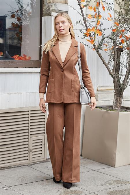 Süet Kumaş Cep Detaylı Düğmeli Şık Blazer Ceket-Taba