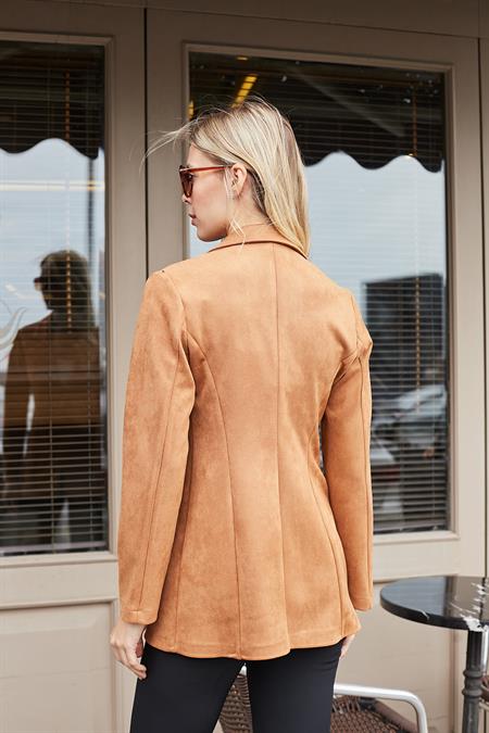 Süet Kumaş Cep Detaylı Düğmeli Şık Blazer Ceket-Camel