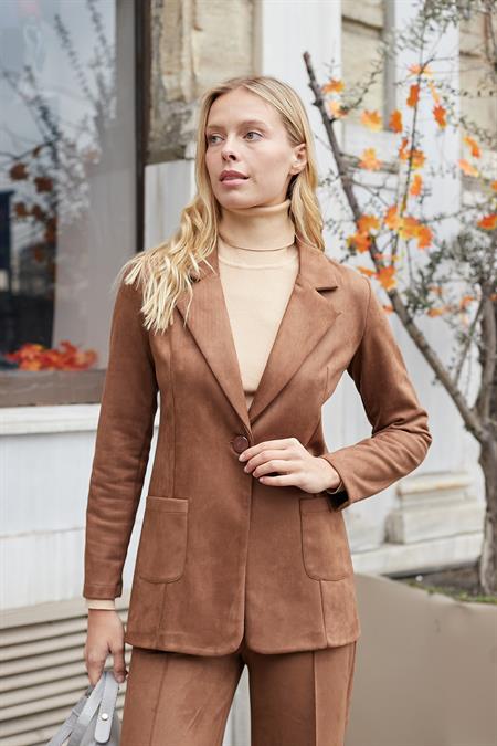 Süet Kumaş Cep Detaylı Düğmeli Şık Blazer Ceket-Taba