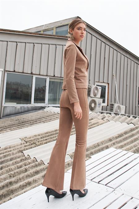 Süet Likralı Kumaş Yüksek Bel Ön Arka Dikişli İsanyol Paça Tayt Pantolon-Vizon 