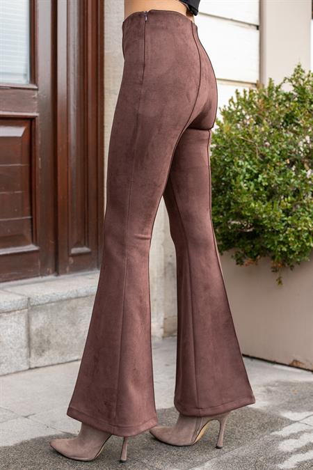 Süet Likralı Kumaş Yüksek Bel Ön Arka Dikişli İsanyol Paça Tayt Pantolon(ceket Jument 30071)-Kahve 