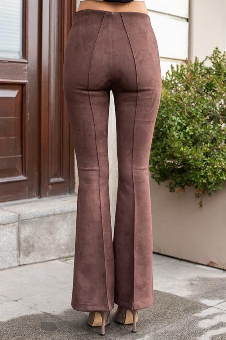Süet Likralı Kumaş Yüksek Bel Ön Arka Dikişli İsanyol Paça Tayt Pantolon(ceket Jument 30071)-Kahve 