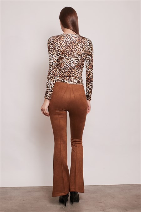 Süet Likralı Kumaş Yüksek Bel Ön Arka Dikişli İsanyol Paça Tayt Pantolon-Taba