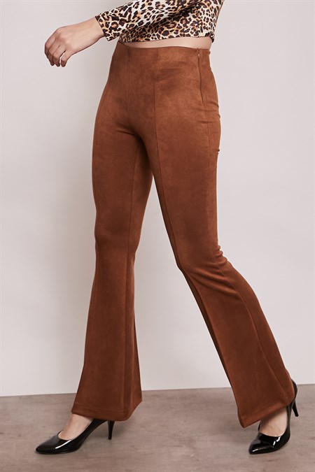 Süet Likralı Kumaş Yüksek Bel Ön Arka Dikişli İsanyol Paça Tayt Pantolon-Taba