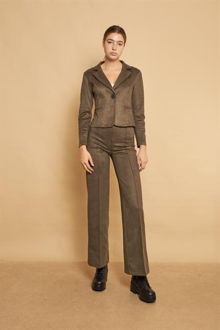 Palazzo Yüksek Bel Ön Dikişli Bol Paça Hafif Likralı Süet Kumaş Pantolon-Haki