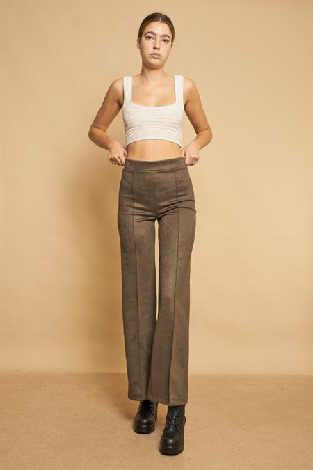 Palazzo Yüksek Bel Ön Dikişli Bol Paça Hafif Likralı Süet Kumaş Pantolon-Haki