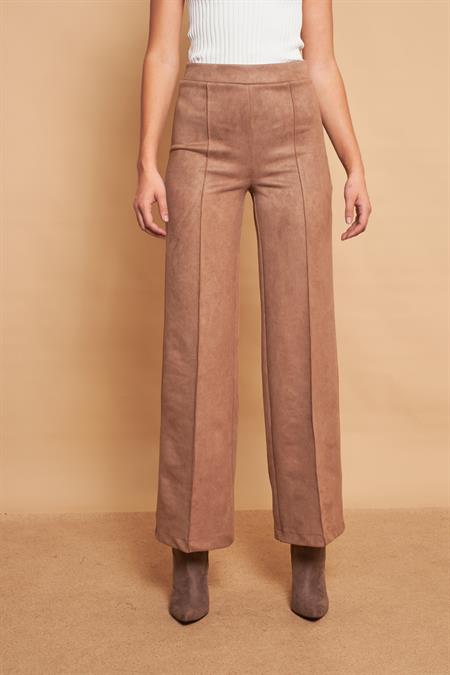 Palazzo Yüksek Bel Ön Dikişli Bol Paça Hafif Likralı Süet Kumaş Pantolon-Vizon