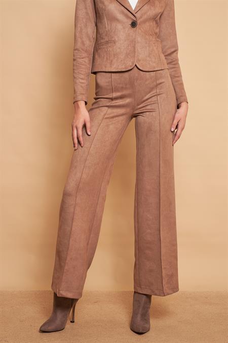 Palazzo Yüksek Bel Ön Dikişli Bol Paça Hafif Likralı Süet Kumaş Pantolon-Vizon