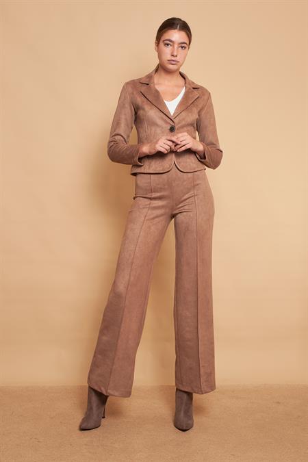 Palazzo Yüksek Bel Ön Dikişli Bol Paça Hafif Likralı Süet Kumaş Pantolon-Vizon