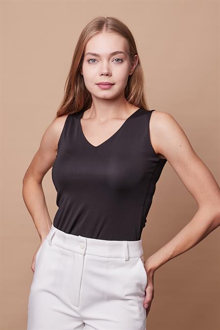 V Yaka Kolsuz Şık Likralı Body -Siyah 