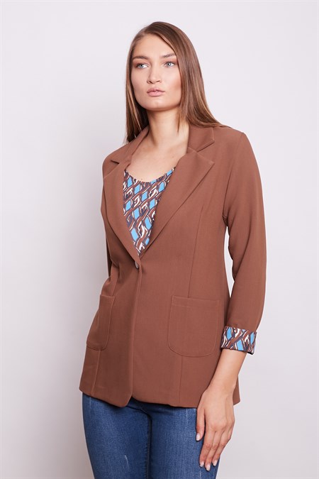 Yakalı Cepli Uzun Kol Katlamalı Blazer Kumaş Ceket - Taba