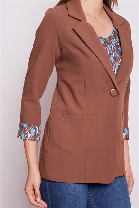 Yakalı Cepli Uzun Kol Katlamalı Blazer Kumaş Ceket - Taba
