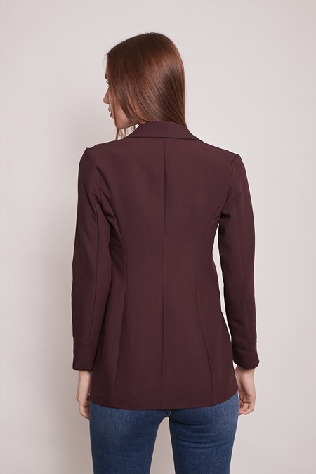 Yakalı Cepli Uzun Kol Katlamalı Blazer Kumaş Ceket-Mürdüm