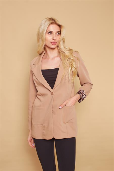 Yakalı Cepli Uzun Kol Katlamalı Blazer Kumaş Ceket-Bej