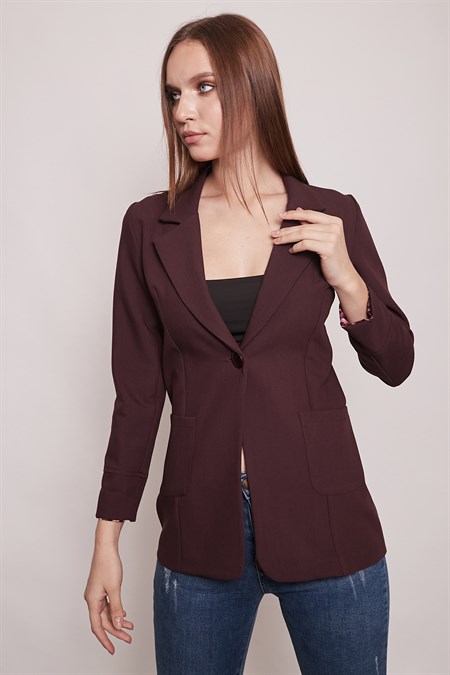 Yakalı Cepli Uzun Kol Katlamalı Blazer Kumaş Ceket-Mürdüm