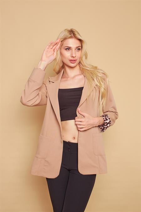 Yakalı Cepli Uzun Kol Katlamalı Blazer Kumaş Ceket-Bej