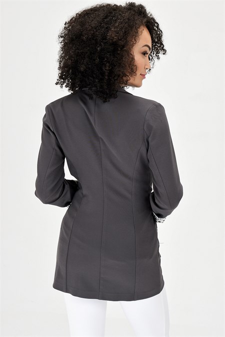 Yakalı Cepli Uzun Kol Kolu İsterse Katlanabilen Pamuklu Kumaş Blazer Ofis Ceket-Antrasit