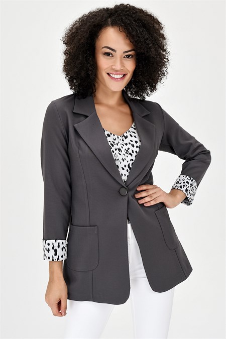 Yakalı Cepli Uzun Kol Kolu İsterse Katlanabilen Pamuklu Kumaş Blazer Ofis Ceket-Antrasit