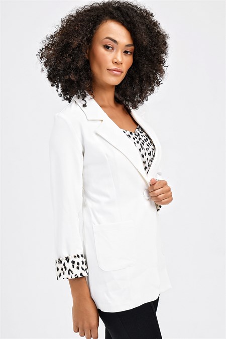 Yakalı Cepli Uzun Kol Katlamalı Blazer Kumaş Ceket-Krem